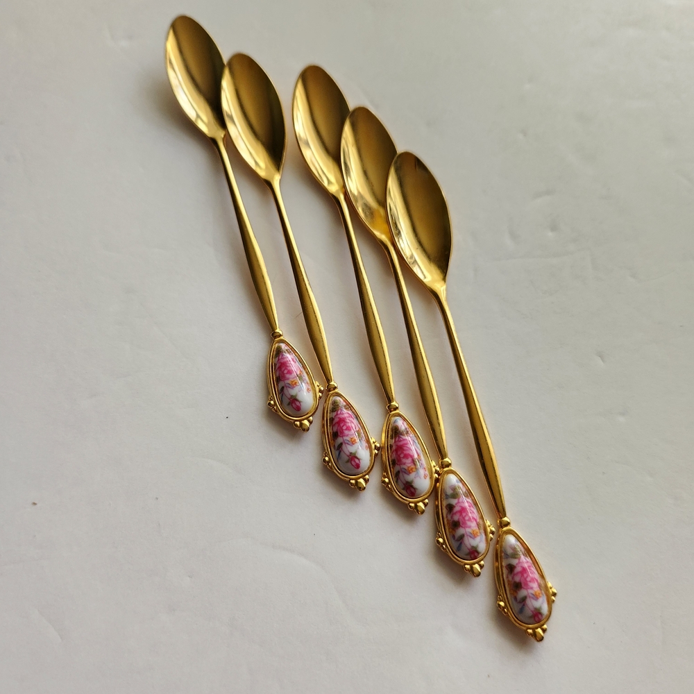 Vintage Gold Desert Spoons Set of 5 with Flower Inlay Antique Authentic 1960s